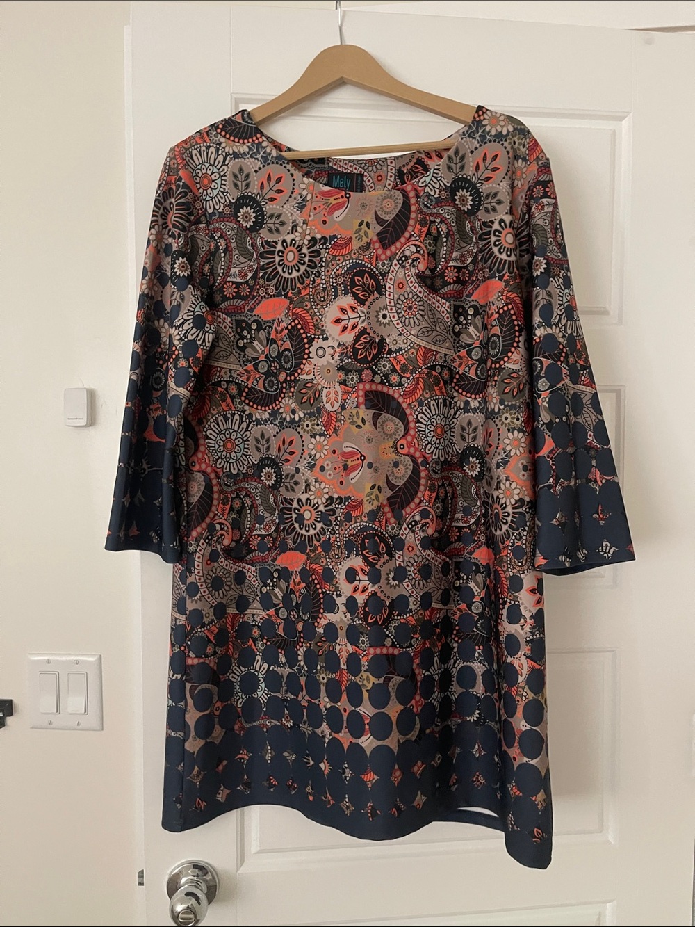 Navy and Coral Paisley A-Line Dress